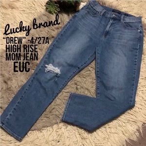 Lucky brand “Drew” High Rise Mom Jean-4/27A-99 Cotton-Distressed @ Knee-EUC